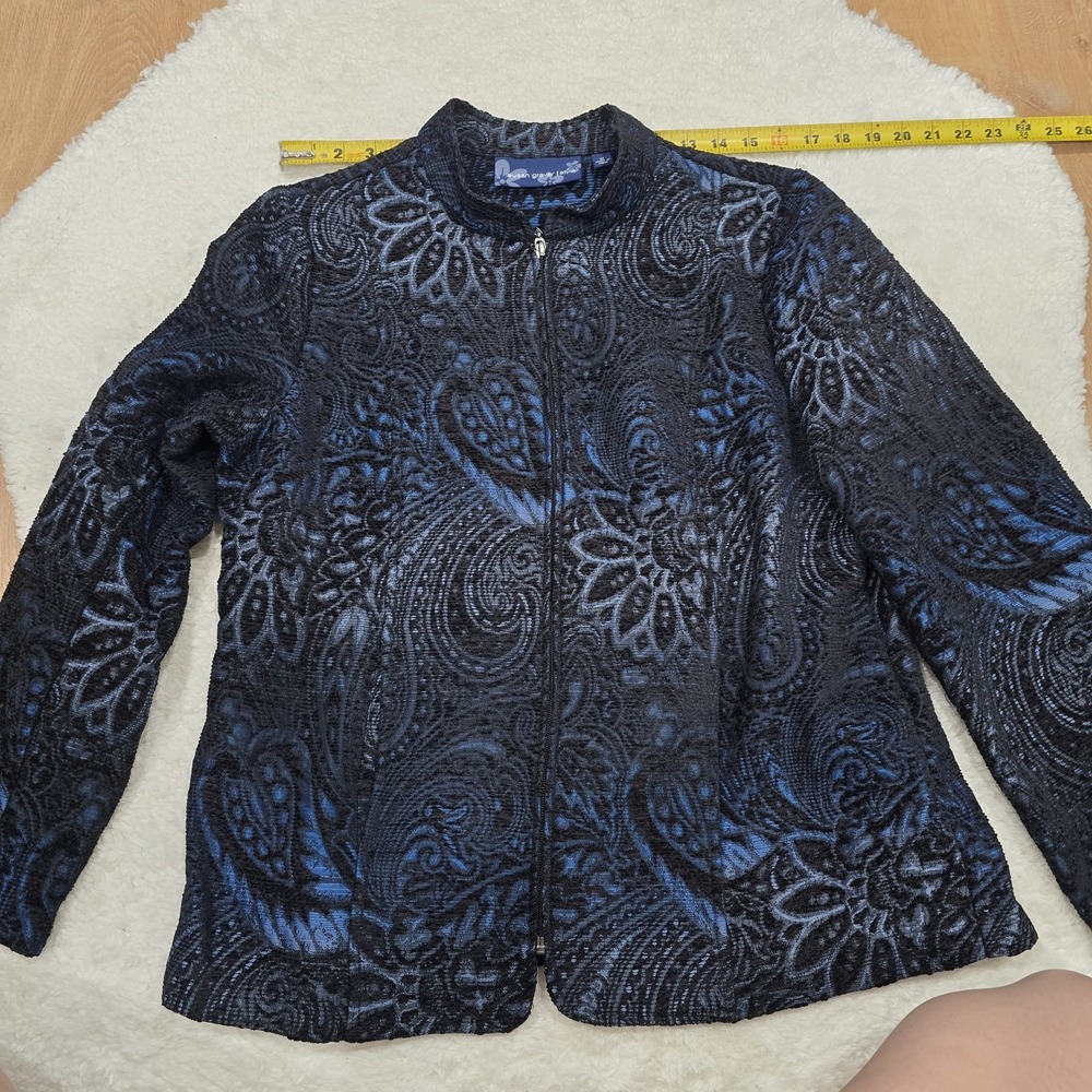 Susan Graver Style Blue &‎ Black Paisley Jacquard Zip Front Jacket - Size M